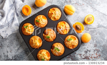 Freshly Baked Apricot Muffins in Tray 130913234