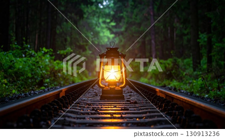 A long steel railway line with a train emerges from a dark tunnel through a green forest landscape 130913236