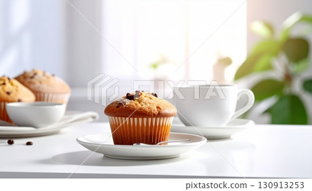 Delicious fresh baked chocolate muffins and a cup of coffee Delicious fresh baked chocolate muffins and a cup of coffee 130913253
