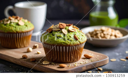 Freshly baked green tea muffins and cup of coffee for a sweet breakfast Freshly baked green tea muffins and cup of coffee for a sweet breakfast 130913259