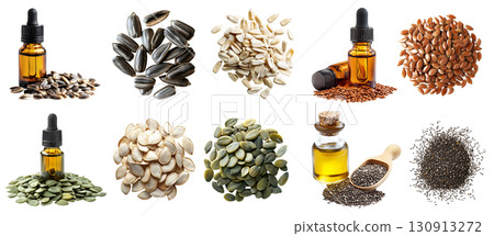 Collection of 4 seeds seed nut fruit kernel set, Sunflower, pumpkin, chia, flax in essential oil, stack pile top overhead view on transparent background cutout PNG. Mockup template 130913272