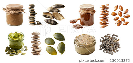 Collection of 4 seeds seed nut fruit kernel set, Sunflower, pumpkin, chia, flax in jar bottle butter, stack pile on transparent background cutout PNG. Mockup 130913273