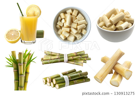 Sugarcane vegetable plant grass stem stalk crop, many angle view side top front, bowl slice bundle, juice with lemon, fibre peel extract isolated on transparent cutout PNG. Mockup template 130913275