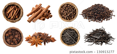 Collection of 4 set basket spice plant flavouring fragrance bud herb, Clove cloves, cinnamon, star anise, vanilla pod in whole stack pile on transparent cutout PNG. Mockup template 130913277