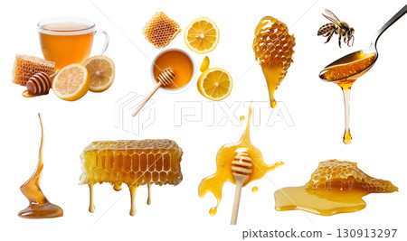 Collection set of Honeycomb beeswax, honey dripping drip dipper, splash splatter drop serve, bee, tea drink with lemon on transparent cutout PNG file. Many style. Mockup template Collection set of Honeycomb beeswax, honey dripping drip dipper, splash splatter drop serve, bee, tea drink with lemon on transparent cutout PNG file. Many style. Mockup template 130913297