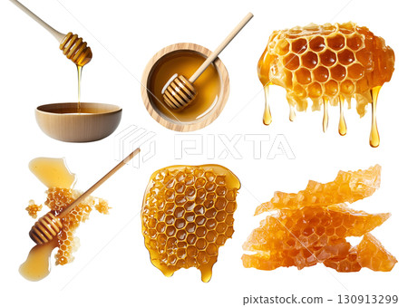 Collection set of Honeycomb beeswax, honey dripping drip dipper, splash splatter drop serve, wooden bowl on transparent cutout PNG file. Many style. Mockup template 130913299