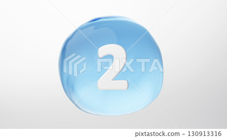 The number 2 in a water droplet-like sphere on a white background. Blue water droplet. 3D (horizontal) 130913316
