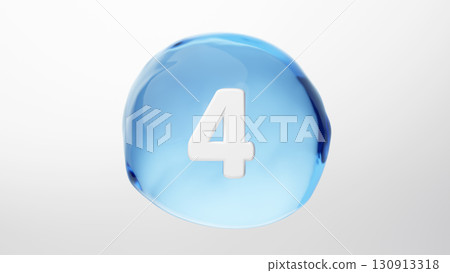 The number 4 in a water droplet-like sphere on a white background. Blue water droplet. 3D (horizontal) 130913318
