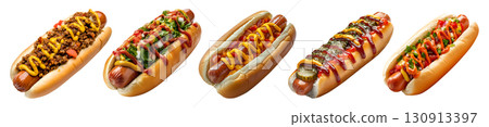 Set of hotdog hot dog frankfurter frank wiener bun sandwich, with different ingredients vegetables beef cheese lettuce mustard ketchup on transparent background cutout PNG. Mockup 130913397