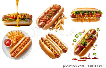 Set of hotdog hot dog frankfurter frank wiener bun sandwich, with different ingredients style vegan beef cheese lettuce mustard ketchup, fries, fly, plate on transparent cutout PNG. Mockup 130913399