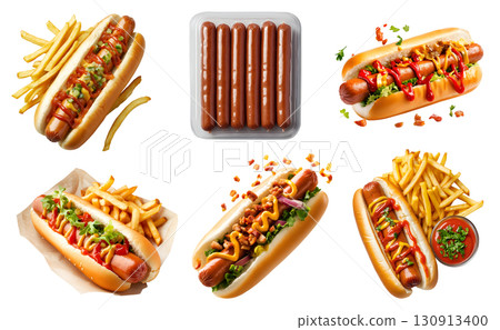 Set of hotdog hot dog frankfurter frank wiener bratwurst bun sandwich, with different ingredients style, beef cheese ketchup, french fry, fly, paper plate on transparent cutout PNG 130913400