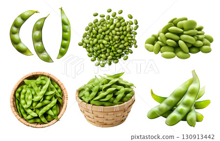 Edamame young soybeans vegetable plant pod seed bean, many angles view side top front, stack pile basket isolated on transparent cutout, PNG file. Mockup template 130913442