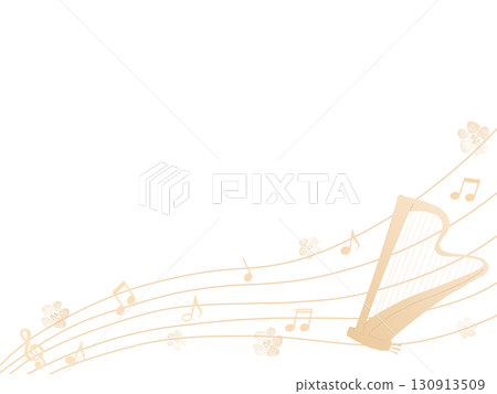 Illustration of a pink harp, flowers, and musical notes Illustration of a pink harp, flowers, and musical notes 130913509