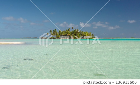 Maldives remote tropical island with lush palm trees surrounded by crystal clear turquoise sea under bright blue sky. Coral shark swimming shallow water, creating an idyllic paradise wild nature scene 130913606