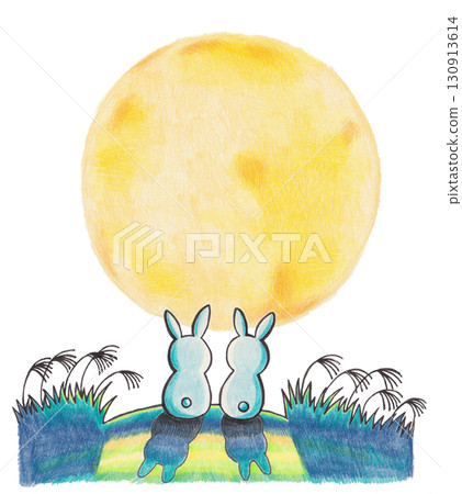 Illustration of a rabbit looking at the full moon 130913614