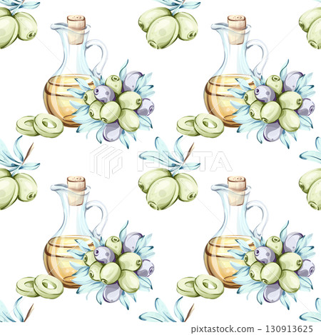 Olives and olive oil seamless pattern background wallpaper showcasing Italian cuisine and natures beauty with watercolor illustrations Olives and olive oil seamless pattern background wallpaper showcasing Italian cuisine and natures beauty with watercolor illustrations 130913625