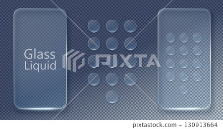 Set Vector Transparent Glass Buttons. UI UX Glass Screen of Mobile Device. Smartphone Interface Design. Collection Design Elements for Application Phone, Game Menu and Website. Transparent Background 130913664