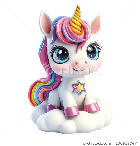 Cute 3d unicorn sitting on a cloud. AI-generated item 130913767