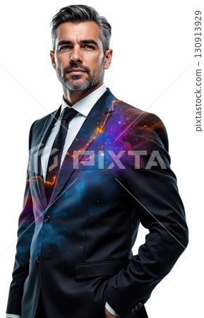 A powerful male CEO in a sleek black suit, illuminated by vibrant data streams and financial growth patterns, symbolizing his 130913929