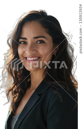 A Latina leader with a radiant smile and confident gaze, surrounded by beams of light that represent the power, creativity 130913934