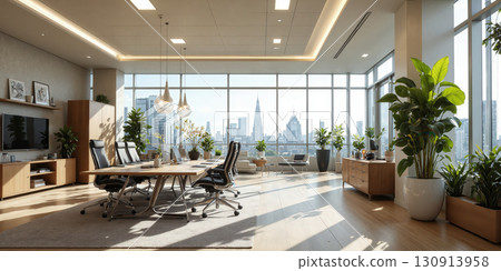 Corporate workspace with AI-driven project management tools, modern ergonomic furniture, and clean design lines. The office features task lighting focused Corporate workspace with AI-driven project management tools, modern ergonomic furniture, and clean design lines. The office features task lighting focused 130913958