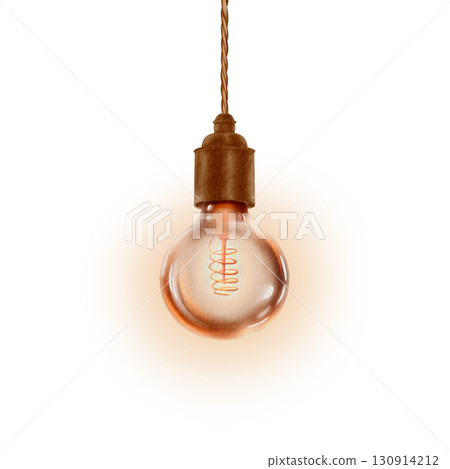 Vintage retro round bulb with glow for lamps or garlands creates a mood of festivity and celebration,makes the exterior cozy and memorable.The watercolor illustration on a transparent background 130914212