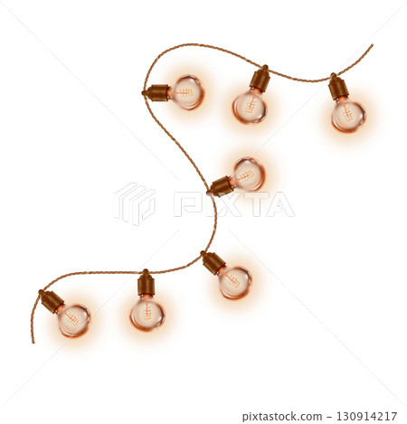 Retro bulbs in round shapes in outdoor holiday or interior curved garland in warm colors in Edison lamp design. Hand-drawn watercolor illustration on transparent background 130914217