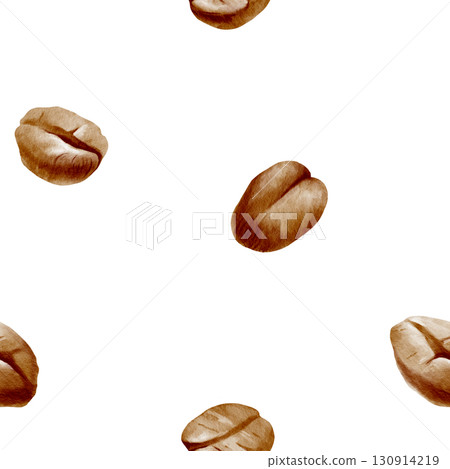 Coffee beans scattered in watercolor seamless pattern.Minimalistic,elegant design for packaging,labels or coffee-themed projects,emphasizing natural and organic aesthetics.Hand drawn illustration 130914219