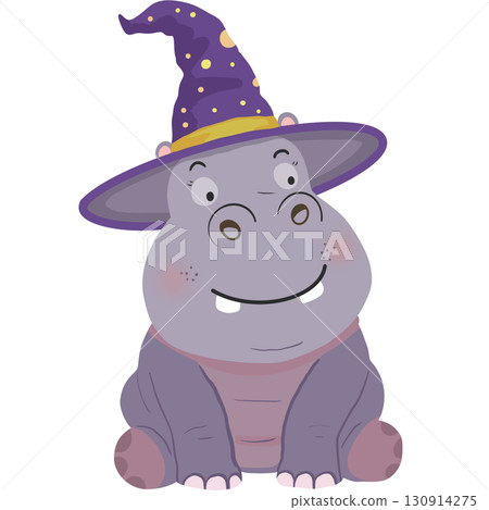 Adorable cartoon hippopotamus wearing a purple wizard hat with yellow stars. Cute Halloween animal illustration, perfect for holiday designs, greeting cards, stickers, and kids decorations. 130914275