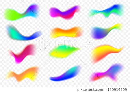 Blurred colored shapes. Mesh fluid liquid abstract elements isolated on white background. Soft light vector holographic blobs. Neon blend vibrant multicolor figures 130914309