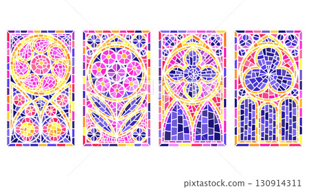 Church windows with gothic arch. Colored stained glass. Cathedral frames with floral pattern. Medieval antique architecture. Mosaic decoration and fantasy ornament 130914311