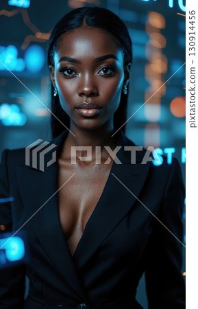 A confident Black female entrepreneur in a chic black blazer, illuminated by glowing projections of global stock markets and financial 130914456