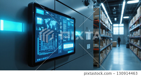 Warehouse Management System A digital interface panel mounted on a warehouse wall displays real-time inventory data through a touchscreen interface. Warehouse Management System A digital interface panel mounted on a warehouse wall displays real-time inventory data through a touchscreen interface. 130914463