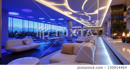 A stylish high-end lounge with floating chairs, expansive glass windows, and Royal Blue lighting, evoking a sense of luxury, elegance, 130914464