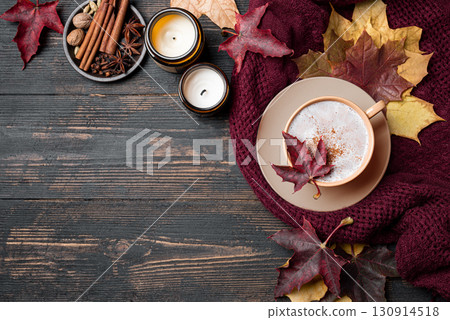 Cozy autumn template with coffee, plaid and maple leaves 130914518