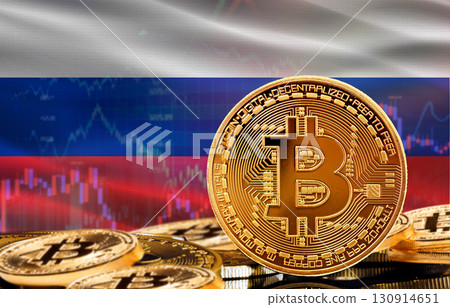 Investors in cryptocurrency and Blockchain Technology in Russia, Concept. Bitcoin with Russia flag in the background 130914651
