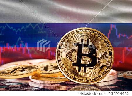 Bitcoin with Russia flag in the background. Investors in cryptocurrency and Blockchain Technology in Russia, Concept 130914652