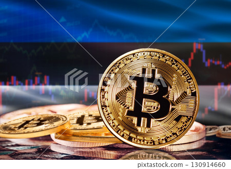 Bitcoin with Estonia flag in the background. Investors in cryptocurrency and Blockchain Technology in Estonia, Concept Bitcoin with Estonia flag in the background. Investors in cryptocurrency and Blockchain Technology in Estonia, Concept 130914660