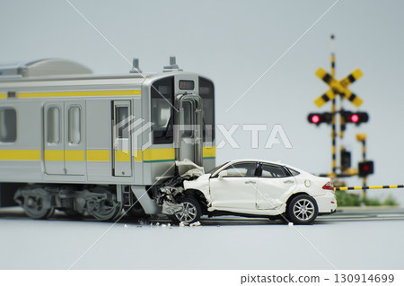 A model of a train-car collision at a railroad crossing (traffic accidents, educational materials, safety) 130914699