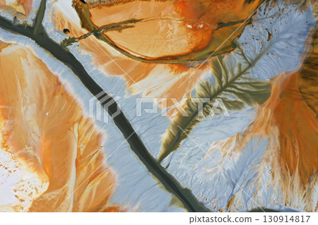 Aerial view of a big waste decanting lake, tailing pond. Mining residual waters discharged from copper mine Aerial view of a big waste decanting lake, tailing pond. Mining residual waters discharged from copper mine 130914817