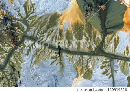 Aerial view of a big waste decanting lake, tailing pond. Mining residual waters discharged from copper mine 130914818