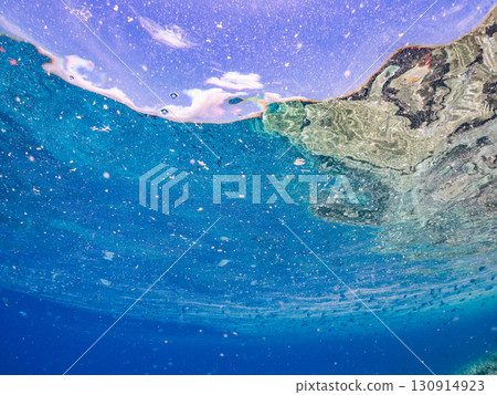 A school of blue-spotted damselfish, blue-spotted damselfish, and other fish. A huge coral reef and a school of tropical fish. Kabi Island, Okinawa Prefecture A school of blue-spotted damselfish, blue-spotted damselfish, and other fish. A huge coral reef and a school of tropical fish. Kabi Island, Okinawa Prefecture 130914923