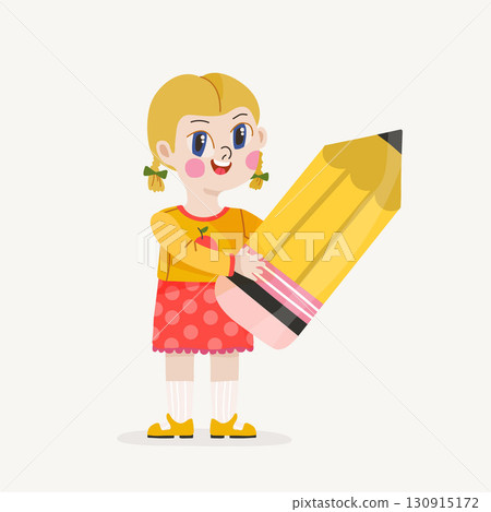 Girl with pigtails, a yellow blouse and a red skirt holding a large yellow pencil, vector illustration, print for tshirt, card Girl with pigtails, a yellow blouse and a red skirt holding a large yellow pencil, vector illustration, print for tshirt, card 130915172