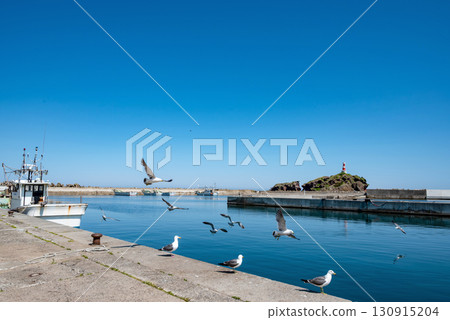 [Fukaura Town, Aomori Prefecture: Kazegase Fishing Port] Fishing boats moored at a secluded fishing port on the Sea of Japan 130915204