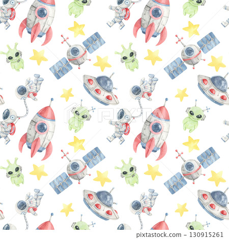 Watercolor illustration seamless pattern with rockets, green aliens, and satellites, great for wrapping paper, textile crafts, kids stationery, and creative wall art with a space theme. 130915261