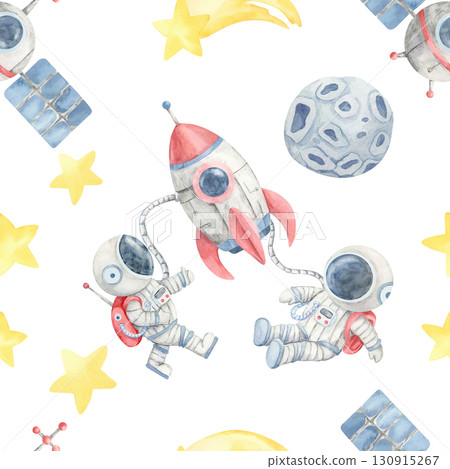 Astronauts, rockets, and moons in a watercolor illustration seamless pattern on beige, ideal for kids bedding, party invitations, creative wall prints, and surface design for products. Astronauts, rockets, and moons in a watercolor illustration seamless pattern on beige, ideal for kids bedding, party invitations, creative wall prints, and surface design for products. 130915267
