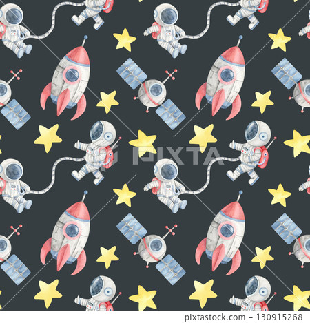 Watercolor illustration seamless pattern of astronauts, rockets, and satellites on black, great for fabric design, novelty gift wrap, themed school supplies, and space event decorations. 130915268