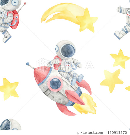 Red rocket, yellow stars, and gray satellites in a watercolor illustration seamless pattern, ideal for fabric printing, stationery design, gift wrapping, and childrens educational product covers. Red rocket, yellow stars, and gray satellites in a watercolor illustration seamless pattern, ideal for fabric printing, stationery design, gift wrapping, and childrens educational product covers. 130915270