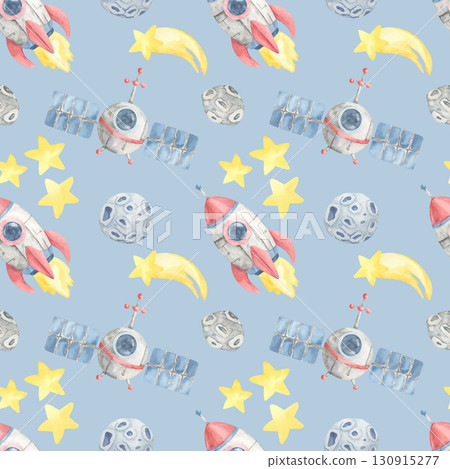 Watercolor illustration seamless pattern of rockets, moons, satellites, and stars on blue, suitable for kids bedding, birthday party decor, stationery sets, and themed packaging design. 130915277