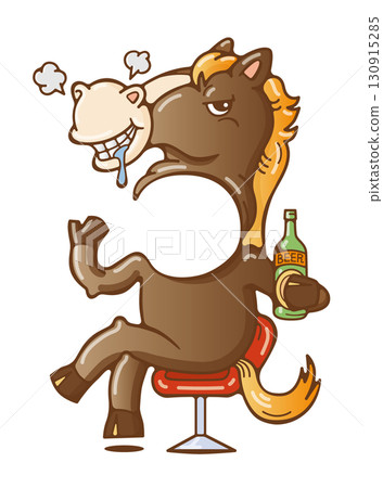 Illustration for a New Year's card for the Year of the Horse. A man wearing a horse costume drinking beer at a bar 130915285
